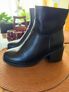 Women's Black Leather Ankle Booties with Block Heel